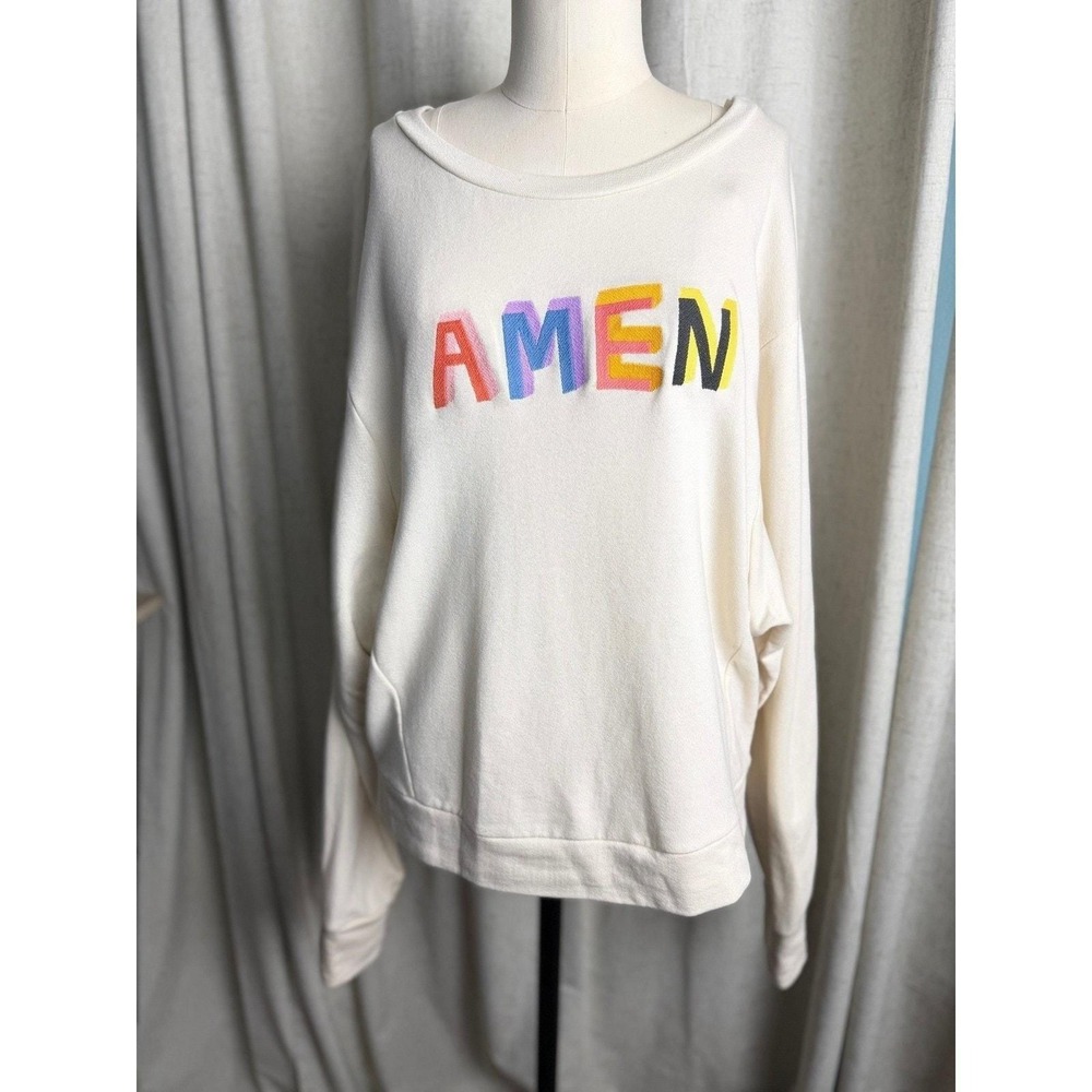 Embroidered Blank Paige Amen Cream Graphic Sweatshirt